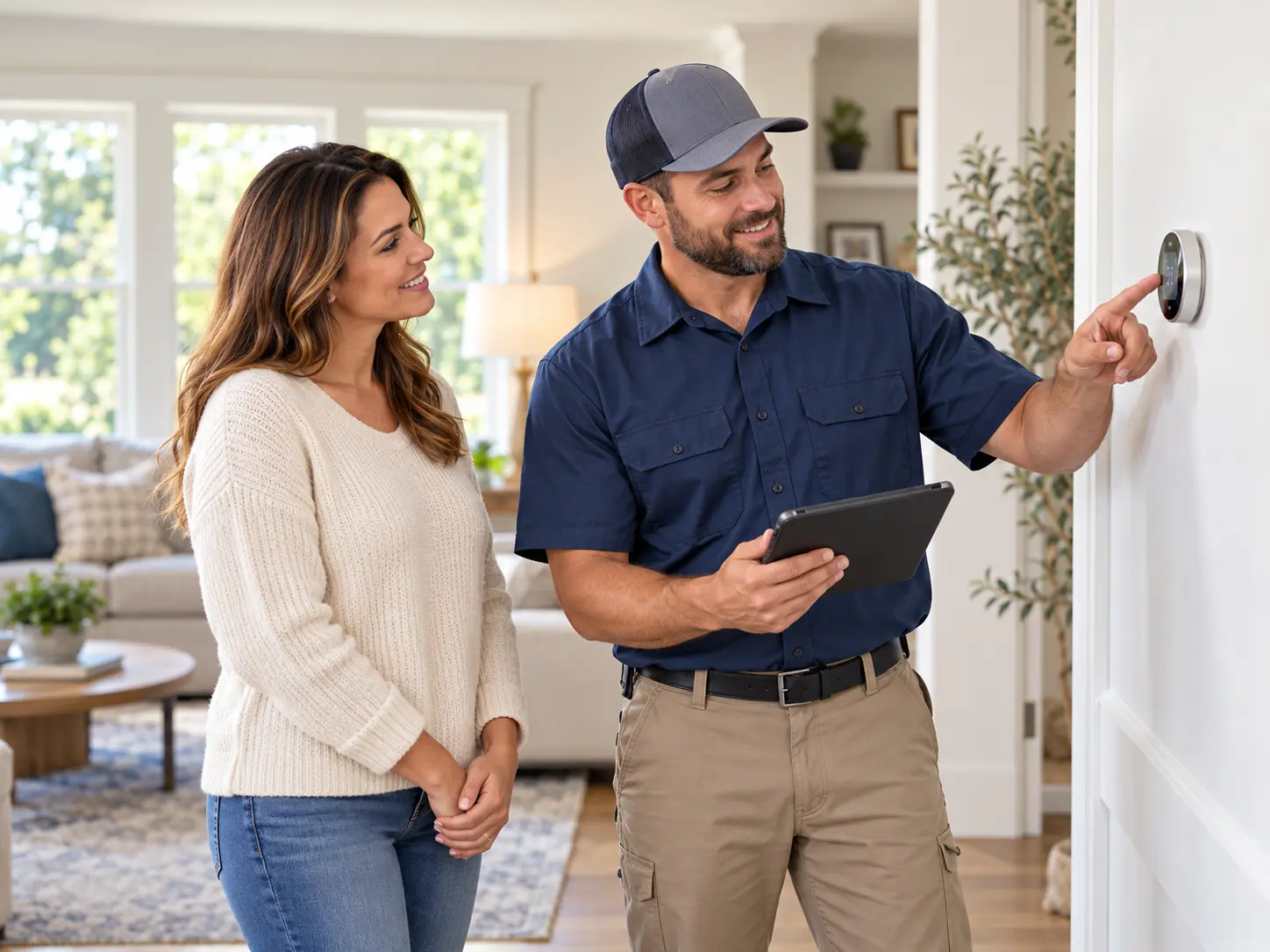 Homeowner reviewing thermostat settings with a service professional
