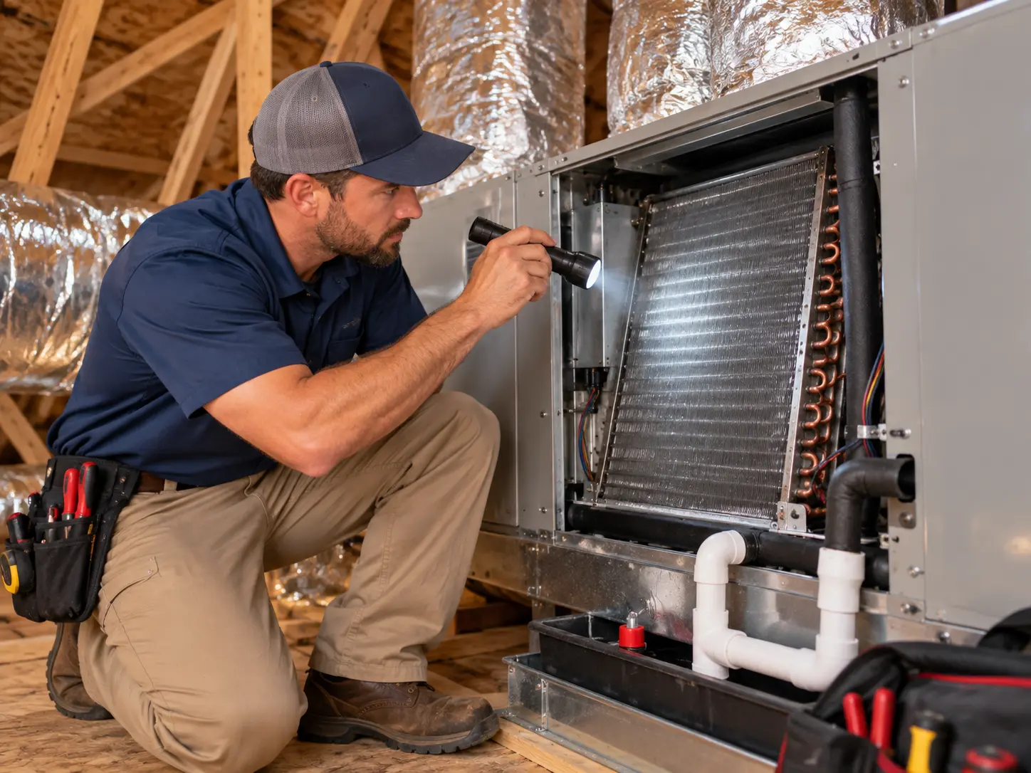 Attic air handler and evaporator coil being inspected with a flashlight