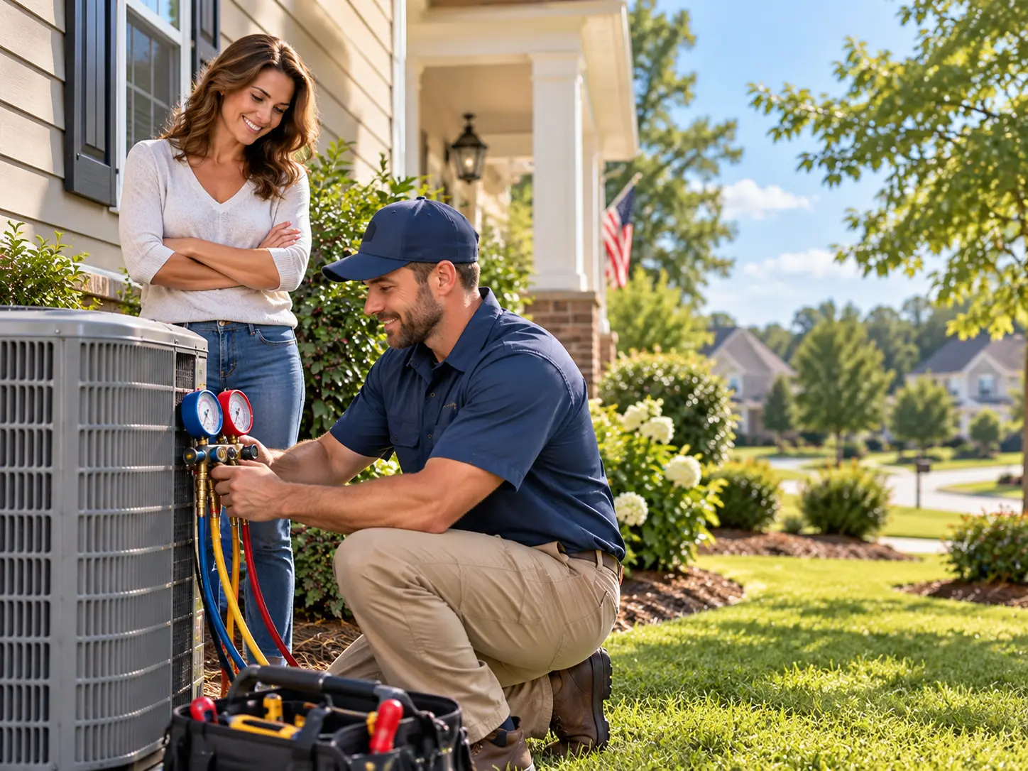Refrigerant gauges connected to a residential outdoor AC unit at a Columbus home