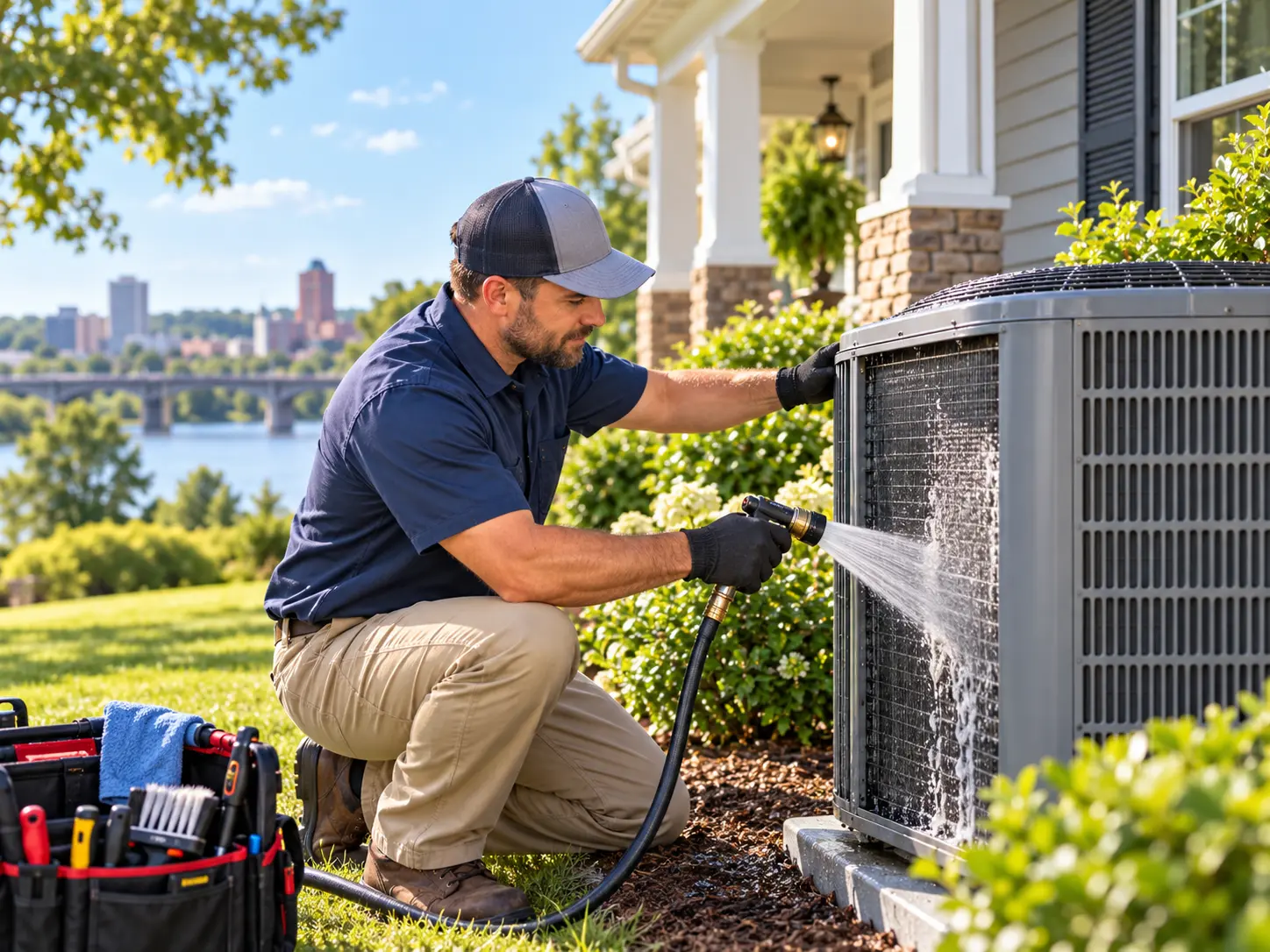 Outdoor condenser coil being rinsed clean at a Georgia residence